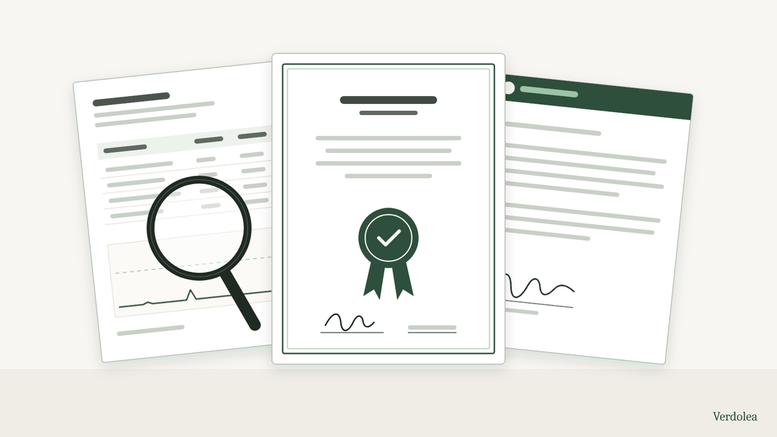 Illustration of three documents on a desk: a lab report with a results table under a magnifying glass, a certificate with a green seal and signature, and a signed letter.
