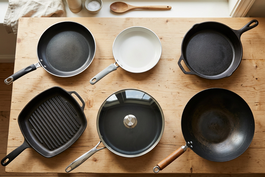 Six frying pans of different materials, including cast iron, ceramic, and a grill pan, on a wooden table